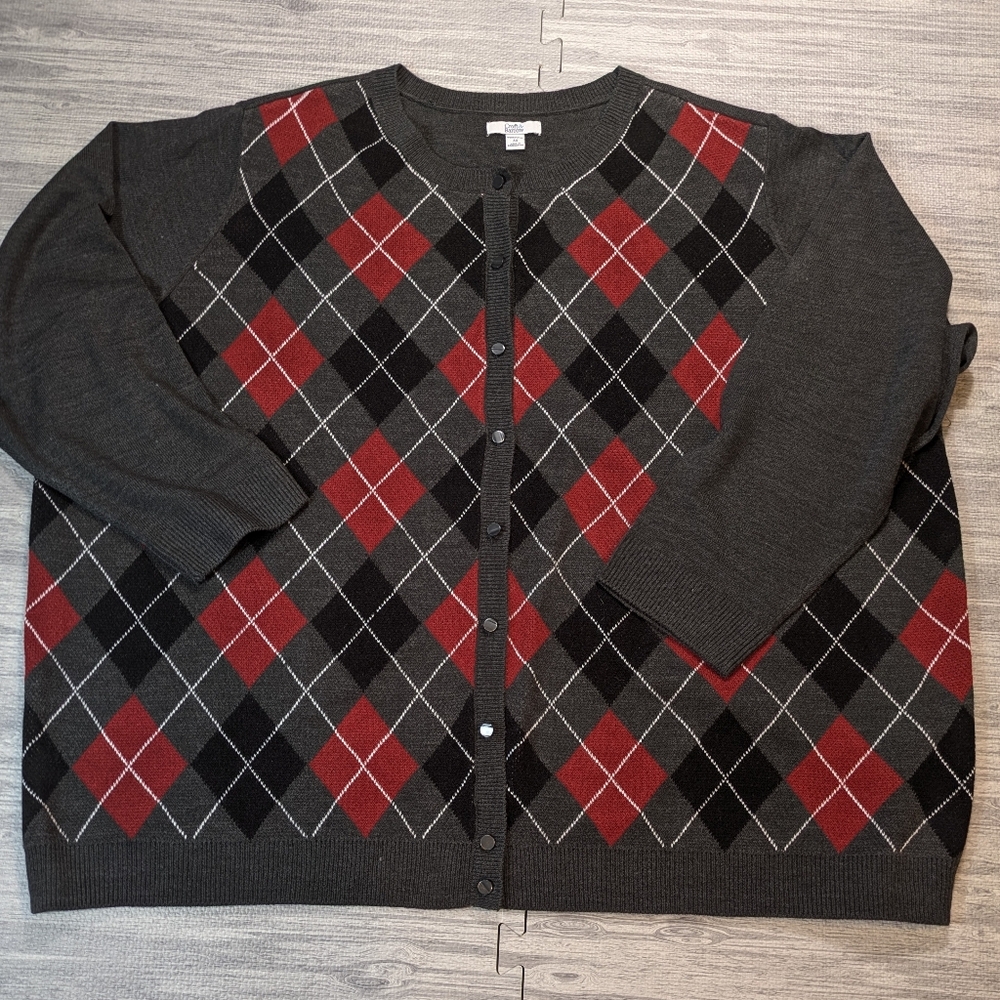Croft & Barrow Women's Argyle Cardigan Charcoal Red Preppy Academia Classic 4X - Picture 3 of 9